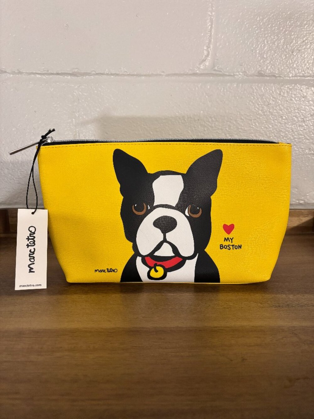 Marc Tetro Yellow Vinyl Love My Boston Dog Cosmetic Bag New
